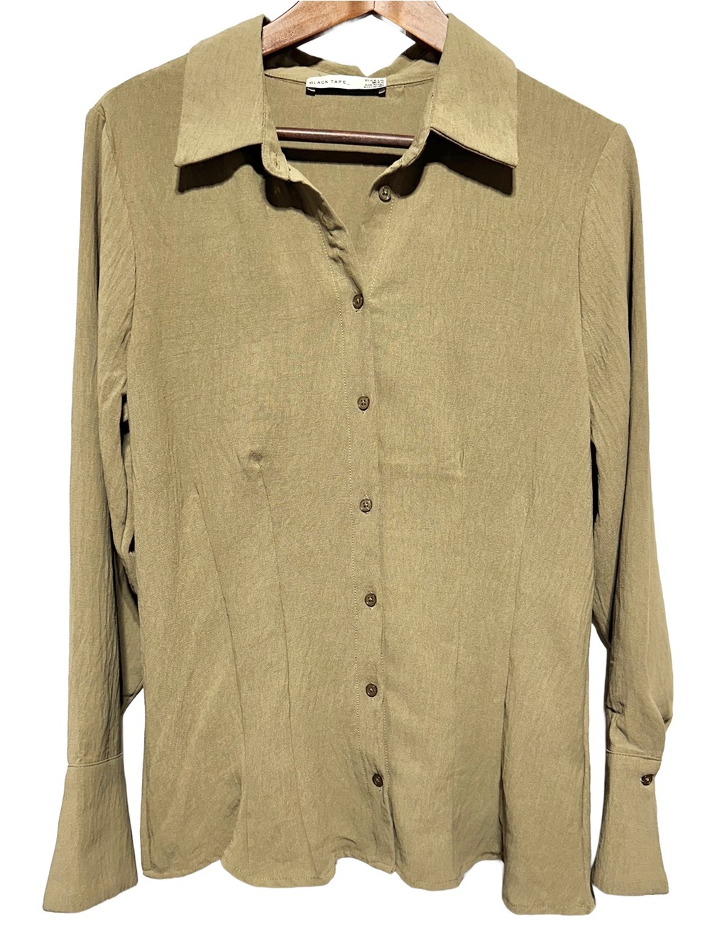 Black Tape Olive Crinkle Button Up Blouse Minimalist Office Quiet Luxury Large